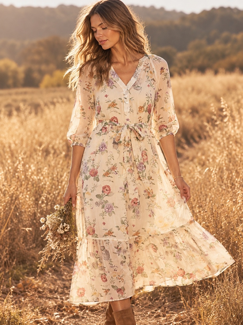 Lovestitch Floral Chiffon Midi Dress – Romantic Boho Cottagecore